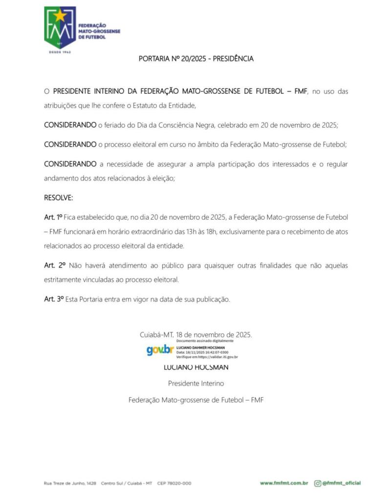 Portaria de horário Consciência Negra